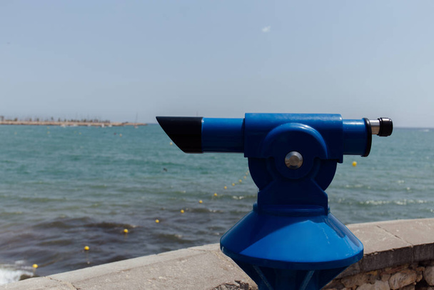 Selective focus of blue scenic viewer with sea and blue sky at background in Catalonia, Spain  - Photo, Image