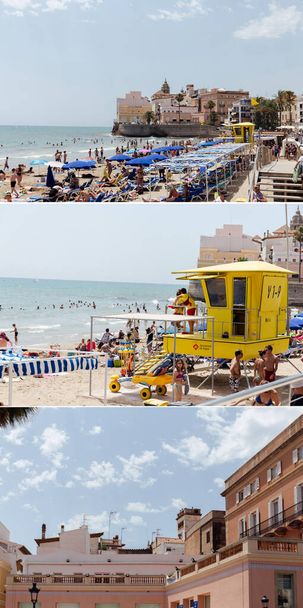 CATALONIA, SPAIN - APRIL 30, 2020: Collage of people resting on beach with rescue tower and facades of buildings  - Φωτογραφία, εικόνα