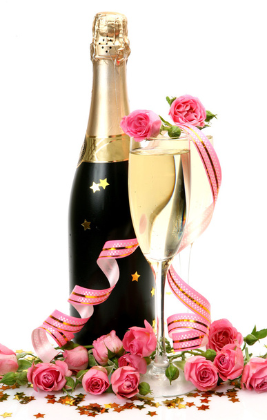 Champagne and pink roses - Φωτογραφία, εικόνα