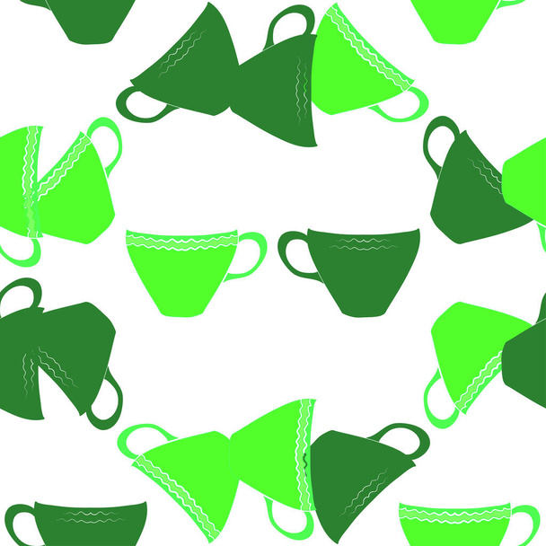 Abstract seamless pattern with green tea cups. Textured decorative background. - Vector, Image