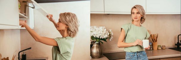 collage of young woman holding cup of tea and opening kitchen cabinet, panoramic shot - Фото, зображення