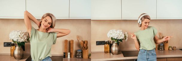 ワイヤレスヘッドフォンで音楽を聴きながらキッチンで横方向のイメージを伸ばす幸せな若い女性のコラージュ - 写真・画像