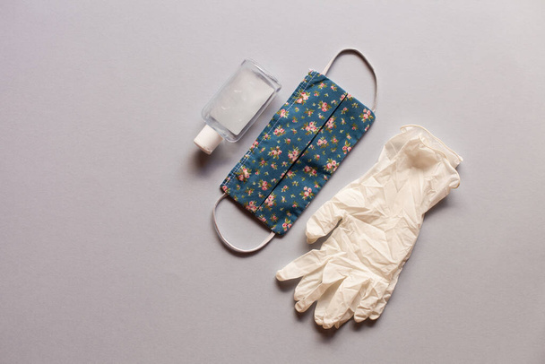 soap gel bottle sanitizer, mask and rubber gloves. Simple element illustration for covid-19. Personal hygiene. - Photo, Image