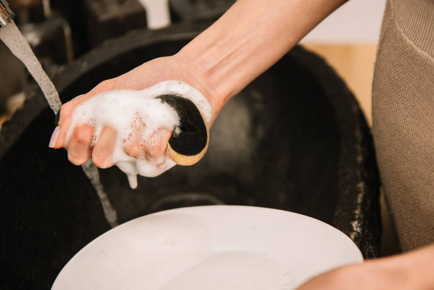 καλλιεργημένη άποψη της γυναίκας που κρατά σφουγγάρι σαπουνιού κοντά σε λευκό πιάτο - Φωτογραφία, εικόνα