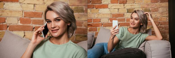 collage van lachende vrouw aan het praten en videochatten op smartphone thuis, horizontaal beeld - Foto, afbeelding
