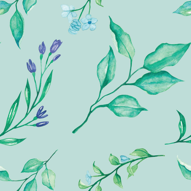 flower-leaves-and-ferns-pattern-hand-painted-watercolor-illustration-with-light-blue-background. - Foto, imagen