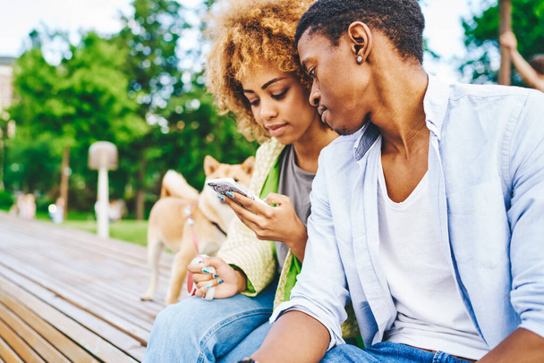 African american two bloggers updating app on modern smartphone using 4G internet connection.Couple in love watching video online on website on digital telephone spending time together outdoors - Φωτογραφία, εικόνα
