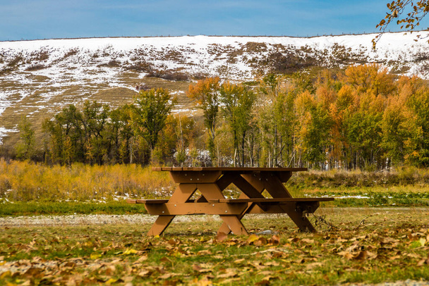 Neve di inizio autunno ai piedi del fiume Bow. Wyndham e Carsland Provincial Park. Alberta, Canada
 - Foto, immagini