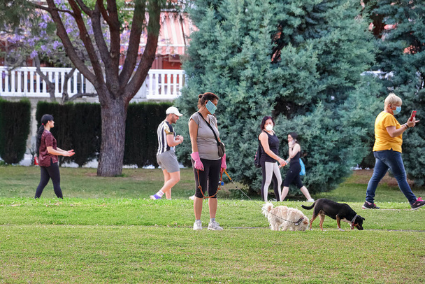 Huelva, Spain - 8 травня 2020: Жінка, яка вигулювала собаку в громадському парку під час блокування через Coronavirus - Фото, зображення