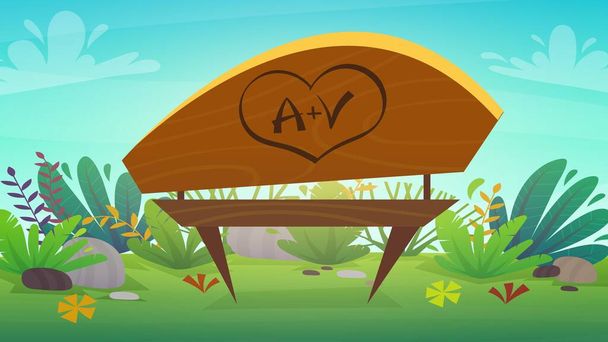 iniciály lásky a srdce vytesané na stromové lavičce v parku na kopci se zelenou trávou a keři rostlin. Příroda venku pozadí karikatura legrační veselý styl. vektor - Vektor, obrázek