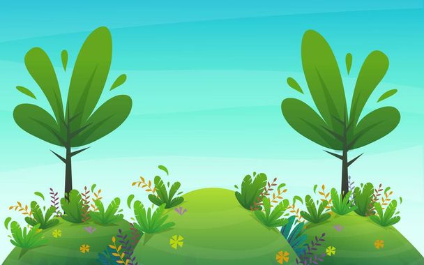 tło parku przyrody. zielona trawa na trawniku, krzewy roślin i kwiatów, krajobraz drzew. dekoracje wektorowe w stylu komiksu - Wektor, obraz