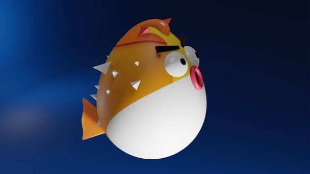 3d pufferfish diable dessin animé personnage design dans l'océan bleu semble choqué et surpris. Vue latérale tir
. - Photo, image