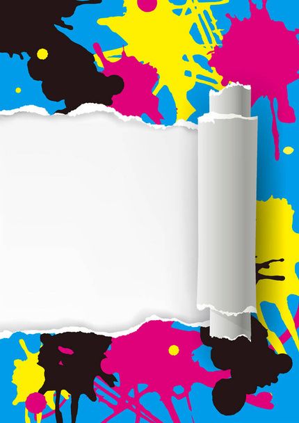 Κομμένο χαρτί τυλιγμένο με χρώματα εκτύπωσης. Σκισμένο χαρτί με χρωματιστές πιτσιλιές. Έννοια για την παρουσίαση έγχρωμης εκτύπωσης. Διαθέσιμος διανυσματικός - Διάνυσμα, εικόνα