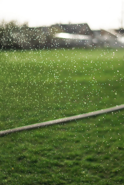 Öntözőrendszer terepen. Egy törött tömlő szivárog a vízből. Zöld gyönyörű háttér. Falusi kert - Fotó, kép