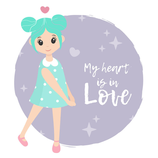 Cute cartoon girl with turquoise hairs and dress. Valentine's day card, save the date greeting card. Vector illustration character design.With lettering - Vector, Image