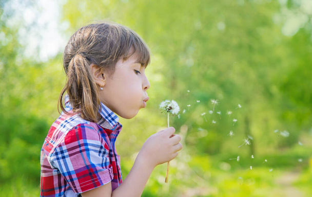 Child girl with dandelions in the park. Selective focus. - Photo, Image