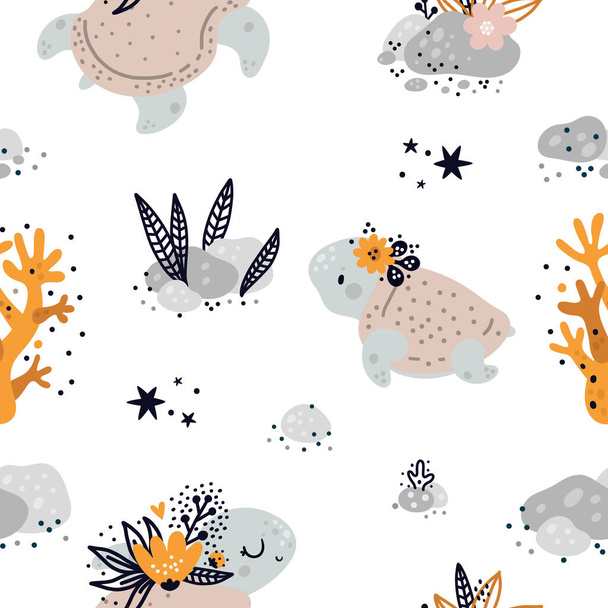 かわいい赤ちゃんの海やウミガメの動物とシームレスな幼稚なパターン。子供の背景。印刷、デジタル紙、繊維、布、部屋の装飾、包装紙のパターンのための創造的な子供のテクスチャ - ベクター画像