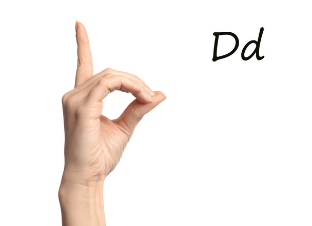Woman showing letter D on white background, closeup. Sign language - Фото, изображение