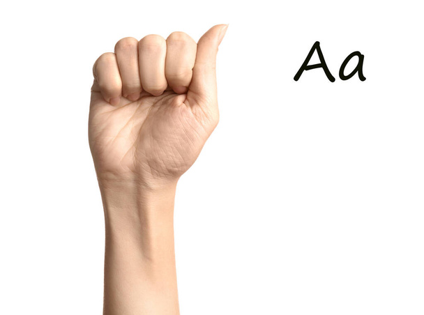 Woman showing letter A on white background, closeup. Sign language - Foto, afbeelding