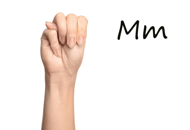 Woman showing letter M on white background, closeup. Sign language - Foto, Imagen