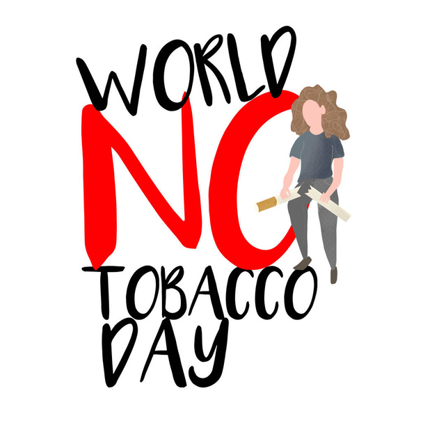 Εικονογράφηση για την Παγκόσμια Ημέρα κατά του Καπνίσματος με μια γυναίκα να σπάει ένα τσιγάρο στη μέση σε ένα απομονωμένο λευκό φόντο. - Φωτογραφία, εικόνα