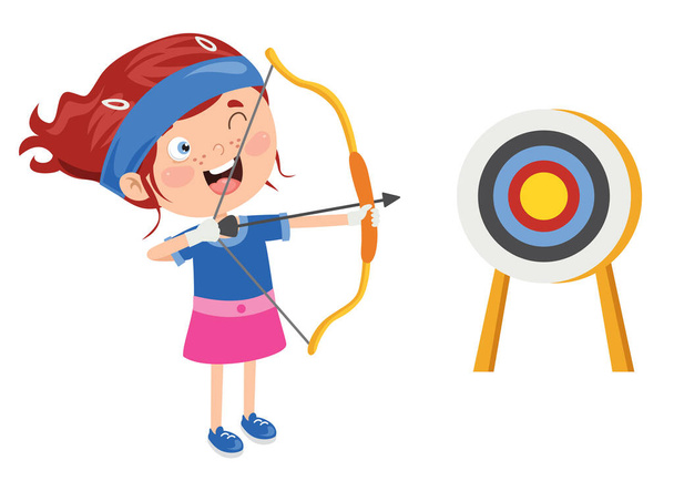 Happy Character Playing Archery Game - Вектор,изображение