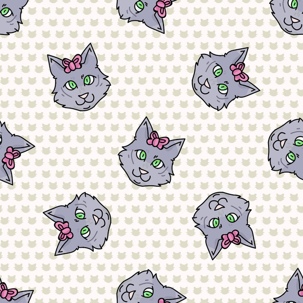 Leuke cartoon munchkin kitten gezicht met roze strik naadloze vector patroon. Stamboom katje ras binnenlandse kat achtergrond. Kattenliefhebber grijs raszuiver over de hele print. Haarloze korte EPS 10.  - Vector, afbeelding