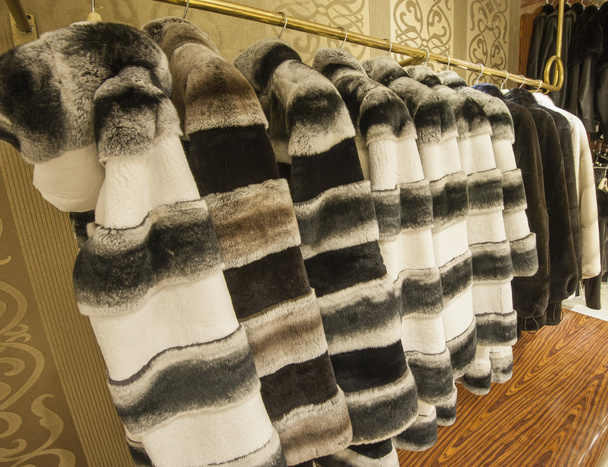 Меховые пальто, висящие на рельсе
 - Фото, изображение