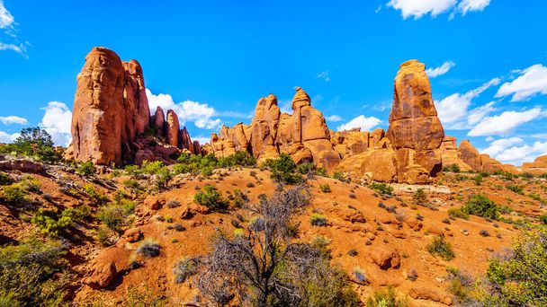 Pinnacoli di arenaria rossa e pinne rocciose unici al Devil's Garden nel Parco Nazionale dell'Arches vicino alla città di Moab nello Utah, Stati Uniti
 - Foto, immagini