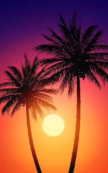 Naturalne drzewa kokosowe. Górskie wzgórza horyzontalne. Sylwetki palm i wzgórz. Wschód i zachód słońca. Tapeta krajobrazowa. Styl wektora ilustracji. Kolorowe tło widoku. - Wektor, obraz