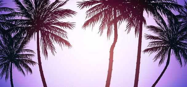 Přírodní kokosové stromy. Horský horizont. Siluety palem a kopců. Východ a západ slunce. Tapety na šířku. Styl vektoru ilustrace. Barevné pozadí pohledu. - Vektor, obrázek