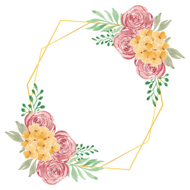 Watercolor rustic rose floral with golden frame - Vector, afbeelding