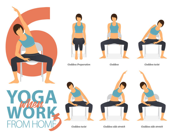 Infografik von 6 Yoga-Posen für Büro-Syndrom bei der Arbeit zu Hause in flachem Design. Schönheit Frau ist Krafttraining auf Bürostuhl. Eine Reihe von Yoga-Haltungen Infografik. Flacher Zeichenvektor. - Vektor, Bild