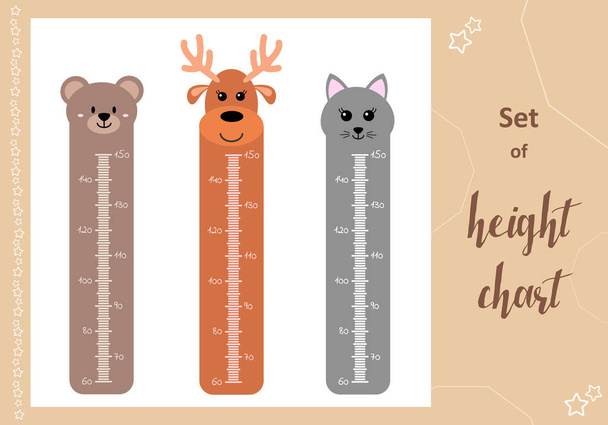 Kids space height chart. Cute wall meter with funny animals. Vector template. Cartoon zoo. Design of childrens products in scandinavian style. - Vector, Image
