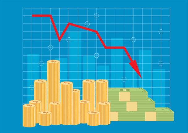 Bedrijfseconomische crisis, grafiek naar beneden, rode indicatiepijlen, vectorontwerp - Vector, afbeelding