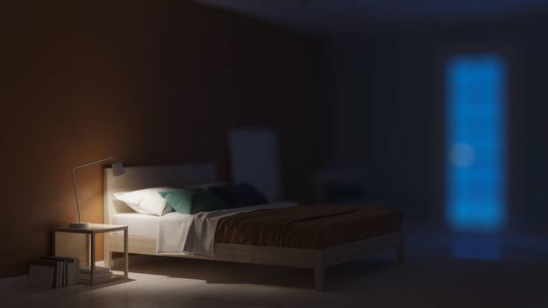 Modern bedroom interior with blue walls. Night. Evening lighting. 3D rendering. - 写真・画像