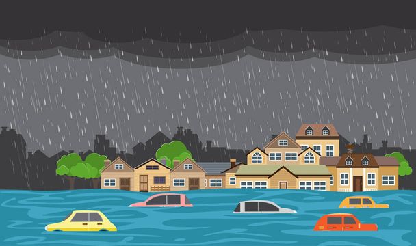 Flood disaster, flooding water in city street, vector design - Vector, Image