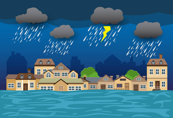 Flood disaster, flooding water in city street, vector design - Vector, Image