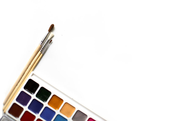 A palette of eighteen-color watercolors and paintbrushes on a white background with space for text. Children's creativity, creative classes with children at home and at school, art master class, the concept of creative development. - Foto, afbeelding