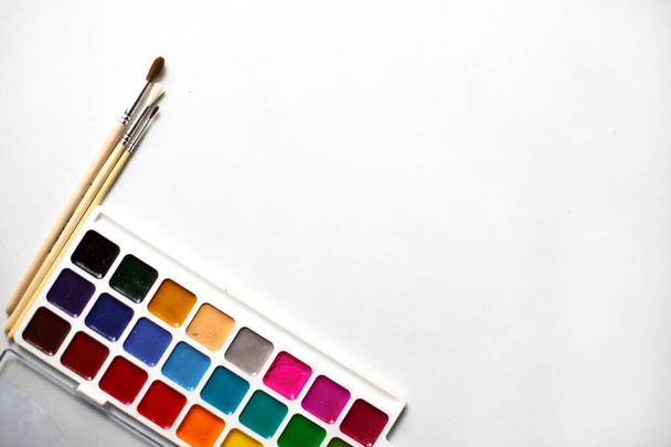 A palette of eighteen-color watercolors and paintbrushes on a white background with space for text. Children's creativity, creative classes with children at home and at school, art master class, the concept of creative development. - Foto, Bild