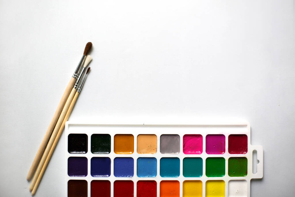 A palette of eighteen-color watercolors and paintbrushes on a white background with space for text. Children's creativity, creative classes with children at home and at school, art master class, the concept of creative development. - Photo, image