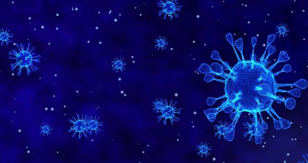 Koronavirové buňky COVID-19 Infekční onemocnění. Rychlá přenosová nemoc. Vysoká koncentrace koronavirové animace. 3D vykreslování 3D ilustrace - Fotografie, Obrázek