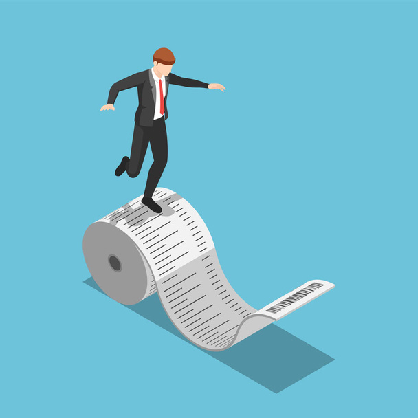Flat 3d isometric businessman balancing on the roll of receipt. Debt and business expenses concept. - Vector, Image
