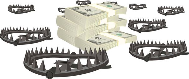 cutting it scattered traps ready to break with bunches of dollars - Vector, Image
