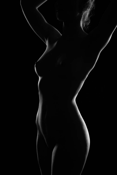 Nude art, perfect Nude body of a sexy young woman on a dark background, black and white shot, Studio shot - Foto, Imagen