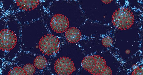 Коронавирусные клетки COVID-19 инфекционное заболевание. Быстрое распространение болезни. Высокая концентрация коронавирусной анимации. 3D-рендеринг - Фото, изображение