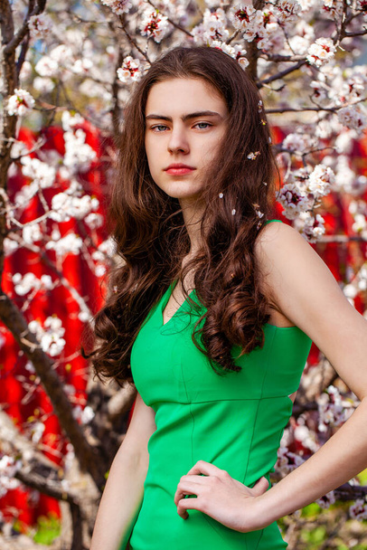 Beauty teen girl in green dress posing near blossom cherry tree with white flowers. Spring park - Zdjęcie, obraz
