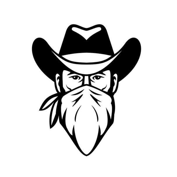 Black and White illustration of head of bandit, outlaw or highwayman wearing cowboy hat and face mask, bandana, kerchief or bandanna front view on isolated background in retro style. - Vector, Image
