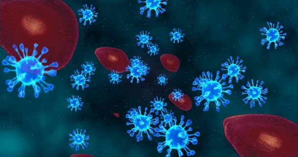 Células del Coronavirus. Grupo de animación de virus que causan infecciones respiratorias bajo el microscopio. Renderizado 3D, ilustración 3D - Foto, Imagen