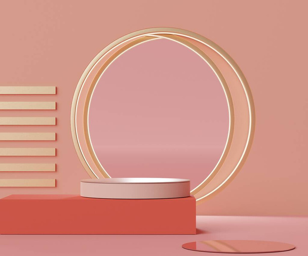 3d abstract minimalist geometric forms. Pink coral luxury podium display for your design. Fashion show stage,pedestal, shopfront with colorful theme. Empty scene for  product presentation. - Foto, afbeelding